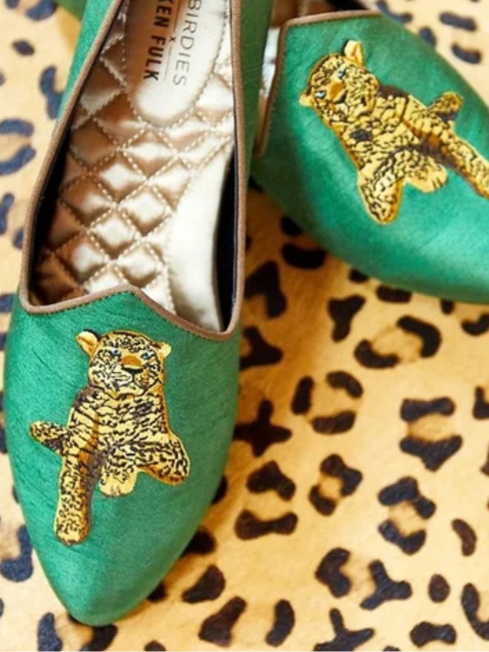 Ken Fulk X Birdies Emerald Green Satin Embroidered Leopard Loafers 9